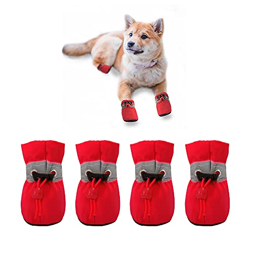YAODHAOD Protector de Pata de Botas para Perros, Zapatos para Perros Antideslizantes, Estos Cómodos Zapatos Suave Tienen Correas Reflectantes, para Perros Pequeños (4, Rojo)