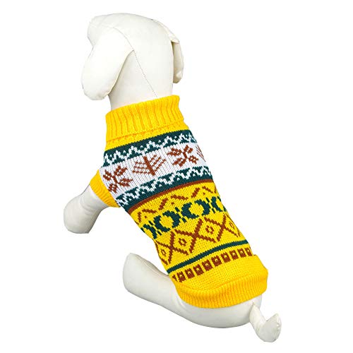 YAOTT Jerseys para Perros Suéteres Navideños de Cuello Alto para Perros Copos de Nieve Impresos de Punto Disfraz Invierno Cálido para Perros Pequeños Medianos Amarillo M