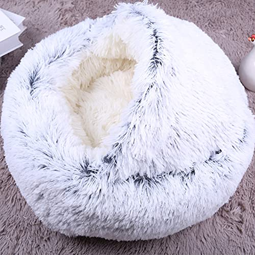 Yoole EU Cama para gatos con capucha y donut de felpa para mascotas, sofá de piel sintética, suave y esponjosa para gatitos y cachorros pequeños (65 cm, gris-B)