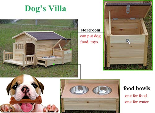 YOT Casa de Perros de Madera al Aire Libre con Porche Comida Bowl Storeroom Pet Log Cabin Style Kennel Resistente al Clima Impermeable Muebles para Mascotas para pequeños Animales Grandes
