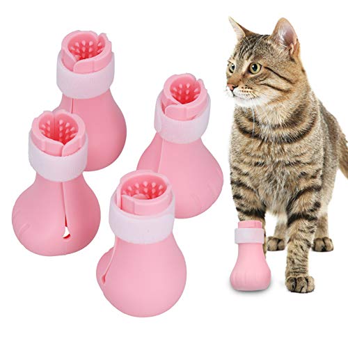 YOUTHINK Silicona Anti-arañazos Zapatos para Gatos Botas Cubierta para uñas de Gato Protector de Patas para bañarse Afeitarse Aseo de Mascotas Rascarse Botines(Rosado)