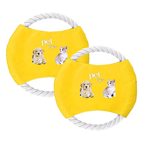 Yyshyi Frisbee Perro, 2 Piezas Cuerda de Algodón Freesbee Perros, Divertido Juguete para Perros Frisbee con Patrón de Perro y Gato para Adiestramiento y Juego, 18cm de Diámetro, Amarillo