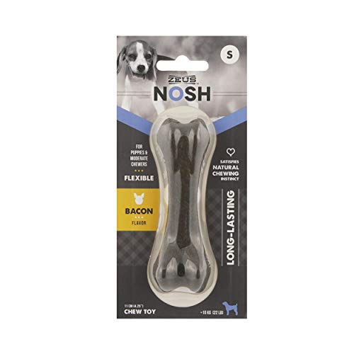 ZEUS Nosh - Huesos flexibles para masticar perros, juguetes para masticar cachorros, sabor a tocino de larga duración, pequeño