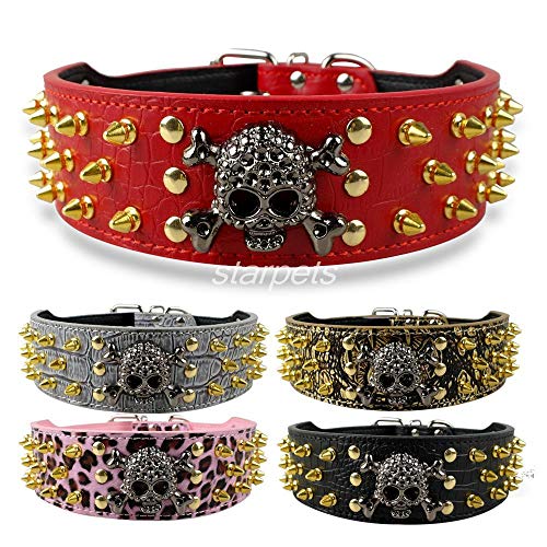ZYYC 2 Width Gold  Skull Spiked Studded Leather Dog Collars For Medium Large 15-24-Red_XL