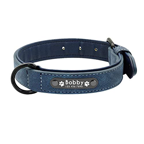 ZYYC Collares de Perro Collar de Perro de Cuero Personalizado Etiquetas de identificación de Nombre para Perros pequeños medianos Grandes Pitbull Bulldog-Blue_XL