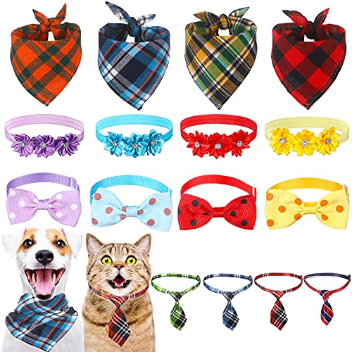 16 Collares de Pajarita de Perro Bandanas Corbatas de Mascota Collar Ajustables de Flor Bufanda Babero Triangular Disfraz de Mascota Ajustable Surtido Accesorio de Aseo para Perro Gato
