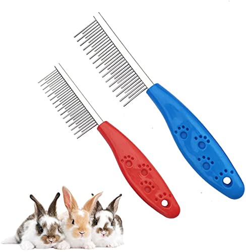 2 Peine de peluquería para mascotas pequeñas El peine de acero inoxidable de dientes largos y cortos es adecuado para conejos y cobayas para eliminar el pelo suelto y enredado (rojo y azul)