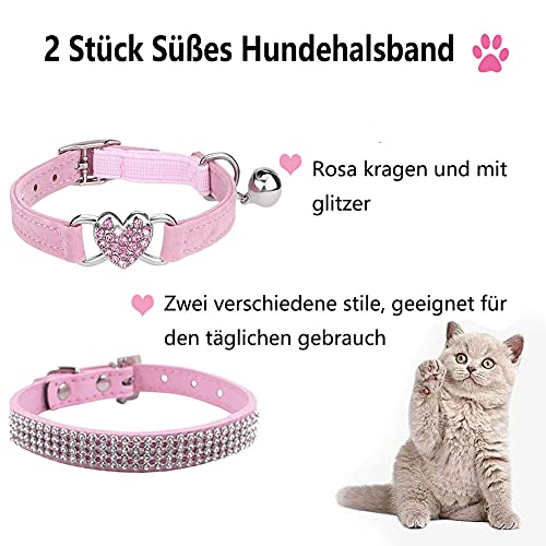 2 unidades de collar para perro con brillantes imitación, piel brillante y ajustable terciopelo suave diamantes imitación diamante, mascotas perros pequeños, gatos (rosa)