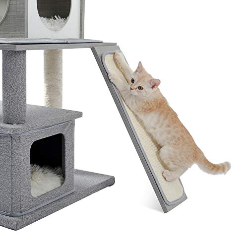 Amazon Brand – Umi Árbol para Gatos de Madera Moderno Gatos Torre de Juegos Grande de Varios Pisos Poste rascador de sisal Muebles para Gatitos Centro de Actividades con condominio Playhouse Gris