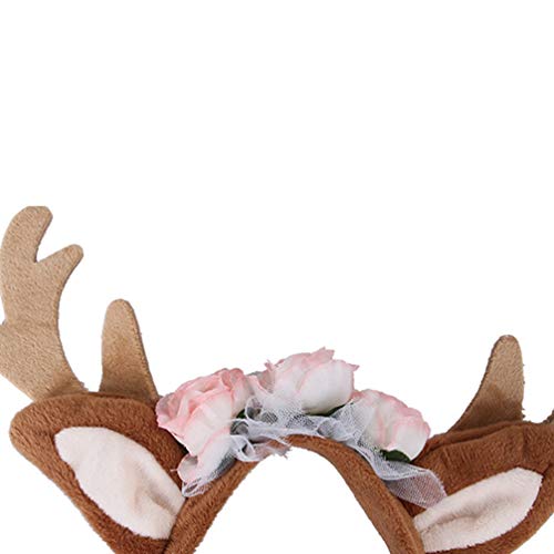 Amosfun - Diadema ajustable para perro, diseño de cuerno de reno con orejas de cuerno de reno y flor para Navidad, accesorios para perro, gato, cachorro, gatito, talla S