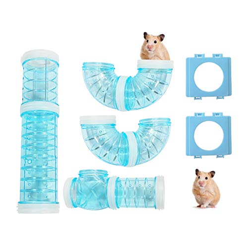 Andiker Kit de tubos para hámster con 2 placas de conexión de tuberías, juego de tubos externos de aventura creativo, transparente, accesorios para jaula de hámster, juguetes para hámster (azul)