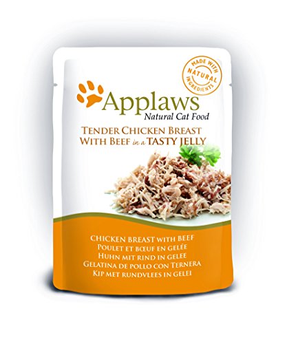 Applaws Bolsa de comida para gatos 70 g de pollo con carne de res en gelatina, 16 x 70 g