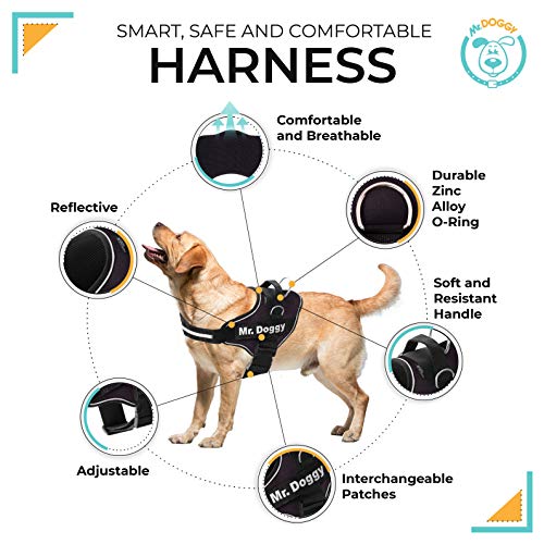Arnés Personalizado para Perros - Reflectante - Incluye 2 Etiquetas con Nombre - Todos los Tamaños - De Calidad y Resistente (XL 30-45KG, Negro)