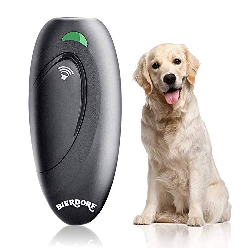 BIERDORF Dispositivo antiladridos, dispositivo de control de ladridos por ultrasonidos, ayuda para entrenamiento de perros con rango de control de hasta 16.4 pies, seguro, color gris