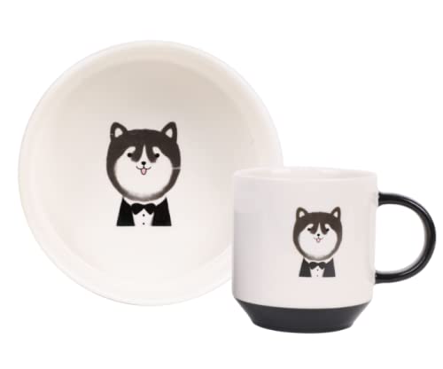 BIOINLIVING Juego de tazas para mascotas con caja de regalo, taza de cerámica de café con asa, cuenco de cerámica para perros y alimentos y agua, plato de cerámica para perros de tamaño mediano, Husky
