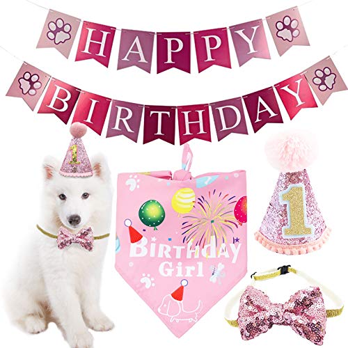 BIPY Juego de bandanas para perro de 1er cumpleaños para niñas pequeñas y medianas mascotas, tocado rosa, suministros de aseo para decoración de fiesta