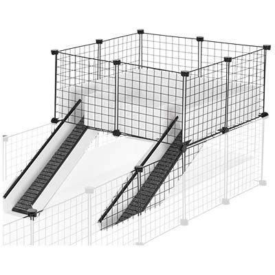 CagesCubes - Jaula CyC Deluxe Plus (Base 2X6 + Loft 2x2 + 2 Escaleras - Panel Negro) + Base de Coroplast en Blanco para cobayas