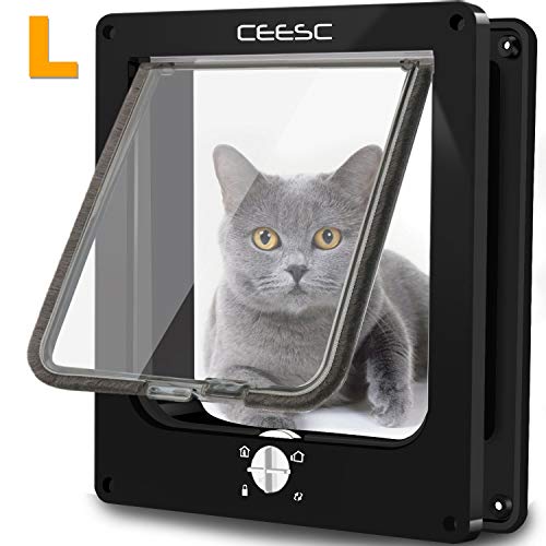 CEESC Puertas grandes para gatos, puerta magnética para mascotas con cerradura giratoria de 4 vías para gatos, gatitos y gatitos, versión mejorada (grande, negro)