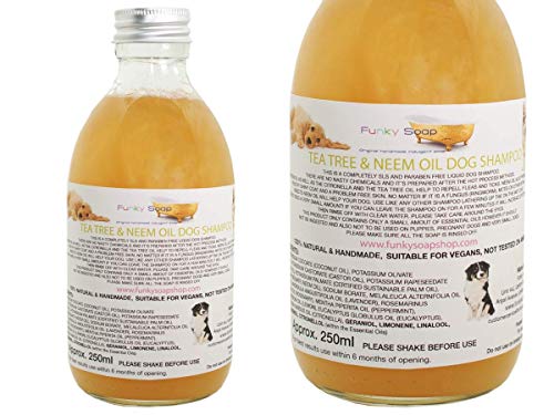 Champú líquido para perros de árbol de té y aceite de neem, botella de vidrio de 250 ml