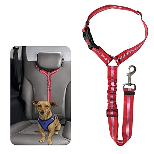 Cinturón Seguridad Perro, Cinturón de Asiento de Coche para Mascotas, Cinturón de Seguridad Ajustable para Perro con Amortiguador Elástico Reposacabezas Reflectantes, para Viajes al Aire Libre (Rojo)