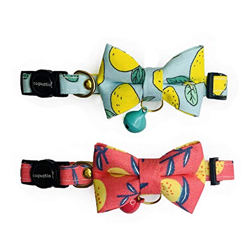 Cognatio Pack de 2 collares de gato con pajarita extraíble y campana, collares de seguridad de liberación rápida, ajustables de 20 a 30 cm, color rojo limón + azul