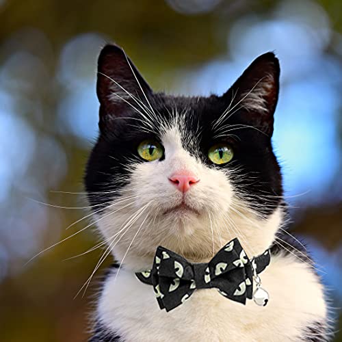 Collar de gato para Halloween, collar de gato con campana con patrón de ojo de fantasma, collares de gato con lazo para gatos pequeños y medianos, lazo ajustable extraíble (negro verde claro)