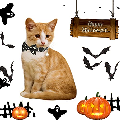 Collar de gato para Halloween, collar de gato con campana con patrón de ojo de fantasma, collares de gato con lazo para gatos pequeños y medianos, lazo ajustable extraíble (negro verde claro)