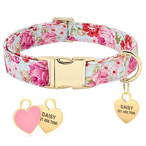 Collar de perro Beirui con diseño floral personalizado con etiqueta de identificación de corazón grabada y hebilla de liberación rápida, collares para perros pequeños, medianos y grandes(rosa,L)