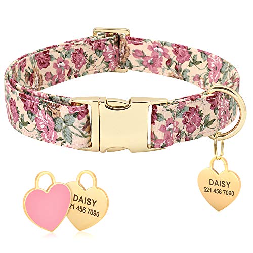 Collar de perro Beirui con diseño floral personalizado con etiqueta de identificación de corazón grabada y hebilla de liberación rápida, collares para perros pequeños, medianos y grandes(Beige,S)