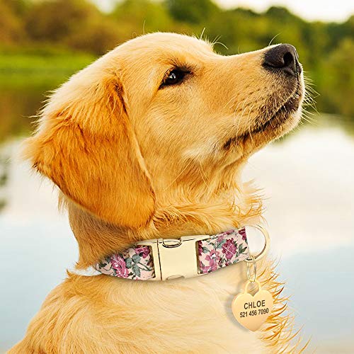 Collar de perro Beirui con diseño floral personalizado con etiqueta de identificación de corazón grabada y hebilla de liberación rápida, collares para perros pequeños, medianos y grandes(Beige,S)