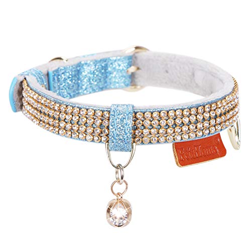 Collar de perro PetsHome, collar de gato, cuero sintético de primera calidad, ajustable, 27 a 33 cm, collar de perro con brillantes y colgante pequeño Bling-Blue
