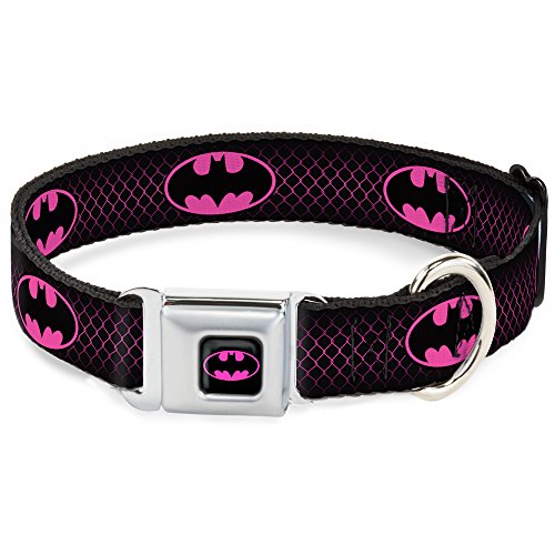Collar para Perro con Hebilla de cinturón de Seguridad, Escudo de Batman, Color Negro, Rosa Intenso, de 18 a 32 Pulgadas, 1.5 Pulgadas de Ancho