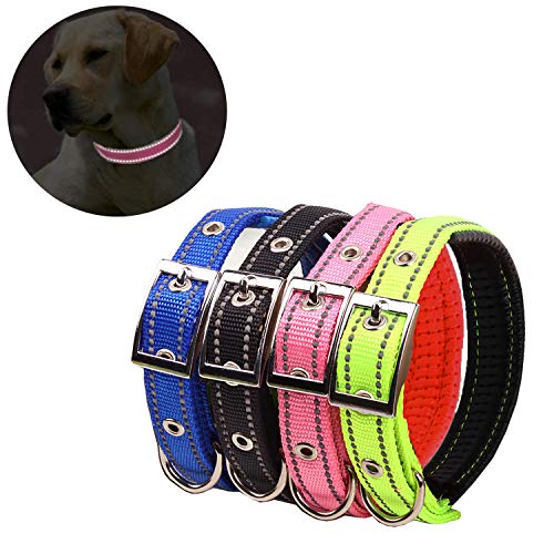 Collar reflectante de cuatro colores, collar de perro de espuma de nailon transpirable, cuello ajustable, adecuado para perros pequeños y medianos, talla L (42-52 cm)