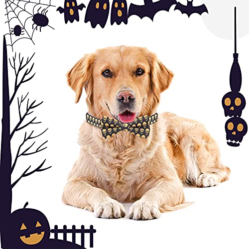 Collares para perros de Halloween, collares ajustables para perros negros y amarillos, collares para perros con forma de calavera con pajarita extraíble para perros de la mayoría de los tamaños
