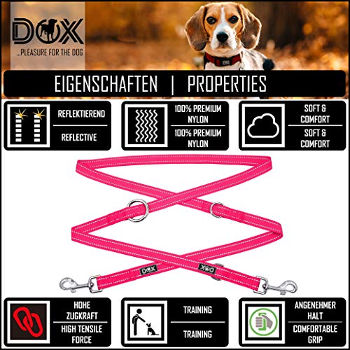 DDOXX Correa Perro Multiposición Nylon Reflectante, Ajustable en 3 tamaños, 2 m | Muchos Colores & Tamaños | para Perros Pequeño, Mediano y Grande | Correa Doble 2 Gato Cachorro | S, Rosado Rosa