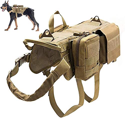 DHGTEP Arnés Militar Táctico para Perros K9, Chaleco de Servicio para Perros Militares, con Juego de Bolsas y Bolsillos para Cosas Pequeñas para Viajeros (Color : Beige, Size : XL)