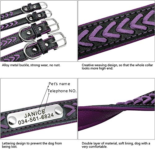 Didog Collar personalizado de cuero, collares de perro grabados de cuero trenzado con placa de identificación personalizada para perros pequeños y medianos grandes, púrpura, tamaño L