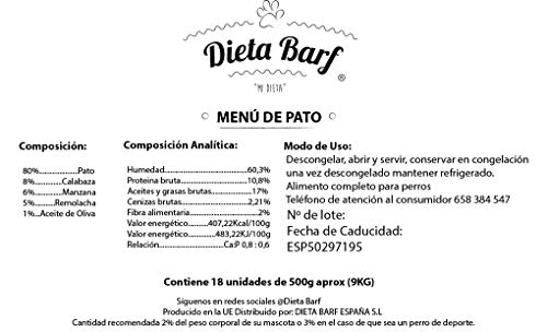 Dieta Barf Menú de Pato 9kg.