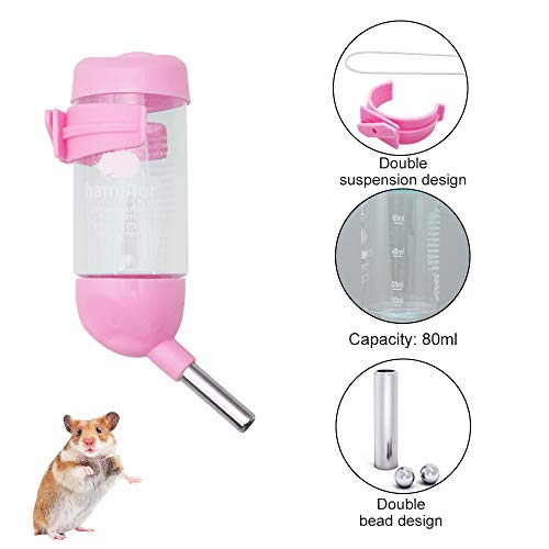 Dispensador de agua para hámster, dispensador de agua de plástico para colgar sin goteo, dispensador de agua automático con dos bolas rodantes, para animales pequeños, cobayas (80 ml, rosa)