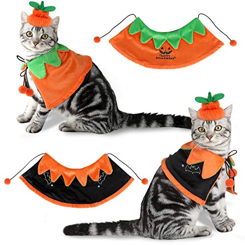 Dorakitten Disfraz para Gato, 2 PCS Disfraz de Halloween para Gato Disfraz de Calabaza y Sombrero de Calabaza Mantón para Mascotas para Gato y Perrito (Doble Cara)