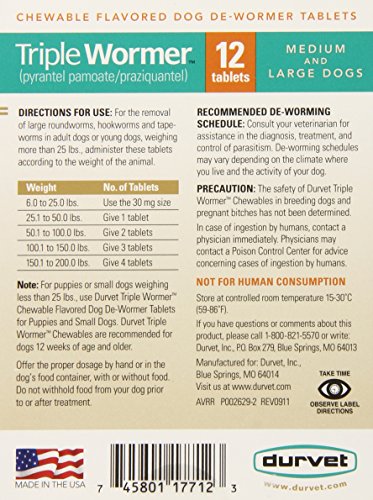 Durvet 12-Pack Triple Wormer Comprimidos para Perros Grandes y Medio