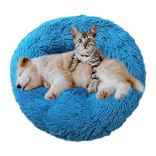 Eastlion Cama Perro Deluxe Felpa Redonda,Plush Cama Calmante Donut Gato Suave Cómoda,Nido Calentito Cojín Lavable para Mascotas Pequeña Gatos y Perros(Azul-Diámetro:50 CM)