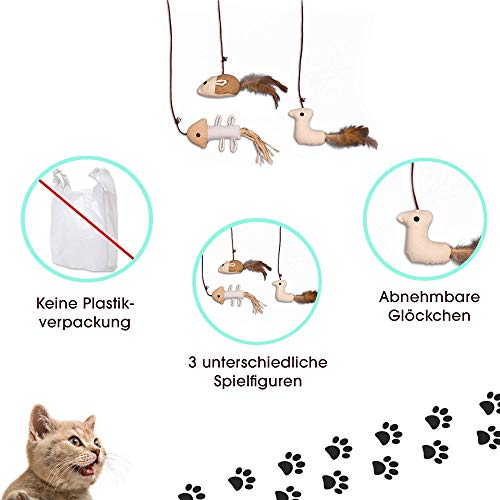 ecoworks Juguete para gatos prémium | Pesca natural robusta con ratón | Juego de 3 juguetes para gatos | Juguete para rascar | Caja de regalo | Accesorios interactivos | Fibras y plumas naturales