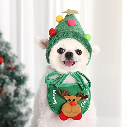 Explopur Sombrero de Navidad Verde con Bolas de Colores,Sombrero de Navidad Verde para Mascotas con Bolas de Colores Gorra de Papá Noel Ajustable pequeña Decoración Linda para Mascotas Accesorios