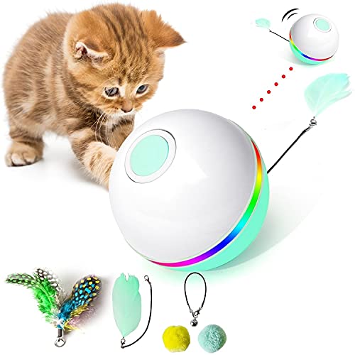 Fairwin Juguetes para Gatos Pelotas, Bolas de Gato Juguete interactivas para Gatos con Luces LED y Juguetes con Hierba Gatera para Gatos de Interior, Rotación Automática de 360 ​​Grados y Carga USB