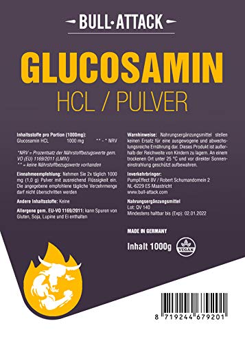 GLUCOSAMIN HCL Polvo | 100% puro sin aditivos | también adecuado para animales (caballos, perros, etc.) | de primera calidad (1000g)