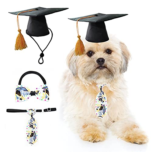 HACRAHO Juego de disfraz de graduación para mascotas, 3 gorros de graduación para perros con borla amarilla, gorra de graduación con corbata ajustable, para perros pequeños y medianos y gatos