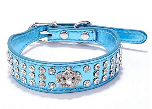 haoyueer Collar de perro con diamantes de imitación Corona Diamante Joyería Cristal PU Cuero Pet Dog Cat Puppy Collar … (S, azul)