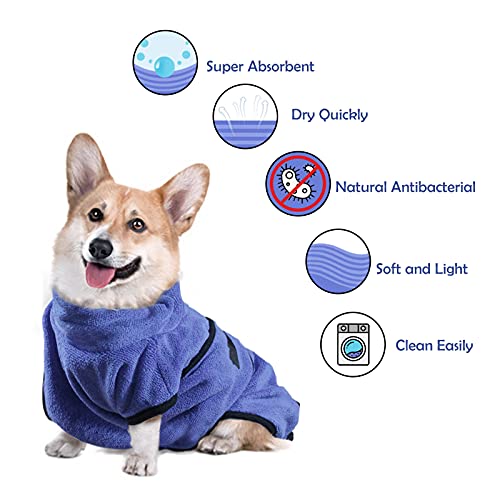 HAPPY HACHI Albornoz para Perros Microfibra Absorbente, Toallas Secadores Rápido para Perros Pequeños Grandes, Baño Gatos Lavable Pijamas para Mascotas(L Azul)