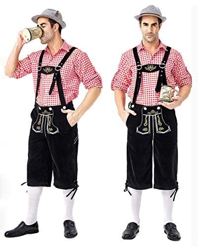 HONGBI Disfraz de bávaro alemán Lederhosen Cerveza Oktoberfest ,Rojo Shirts + Negro Dungarees,XL